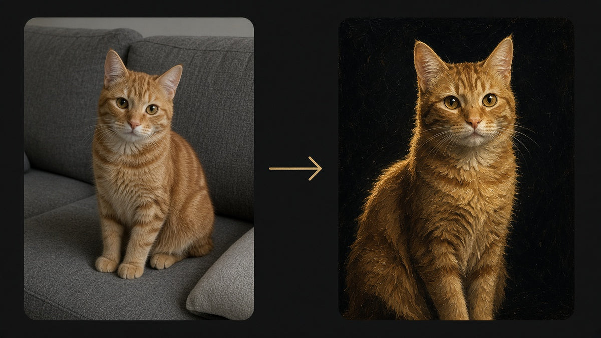Illustration of the process: a pet photo becomes a portrait (sample images, not a customer photo)