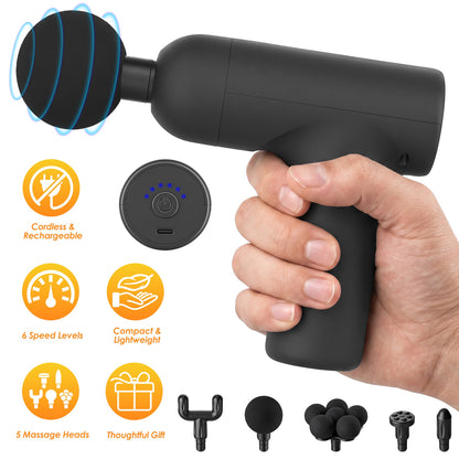 Mini Massage Gun – 6 Speeds, 5 Heads, Portable