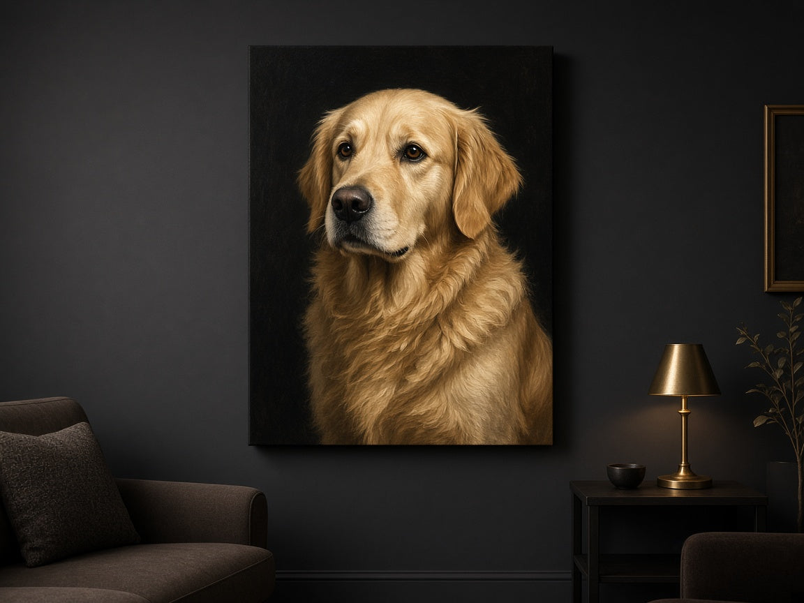 Sample artwork: golden retriever portrait in Nuvero Noir style on a stretched canvas