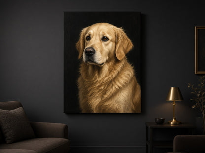 Sample artwork: golden retriever portrait in Nuvero Noir style on a stretched canvas