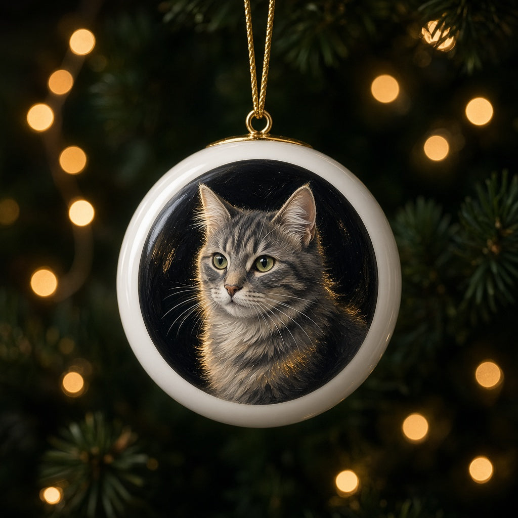 Sample artwork: tabby cat portrait on a ceramic ornament